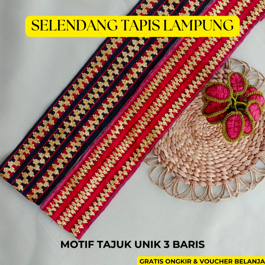 Selendang/Bisban Sulam Tapis Lampung - Bisban Tapis Motif Unik 3 Baris - Selendang Acara Khas Lampun
