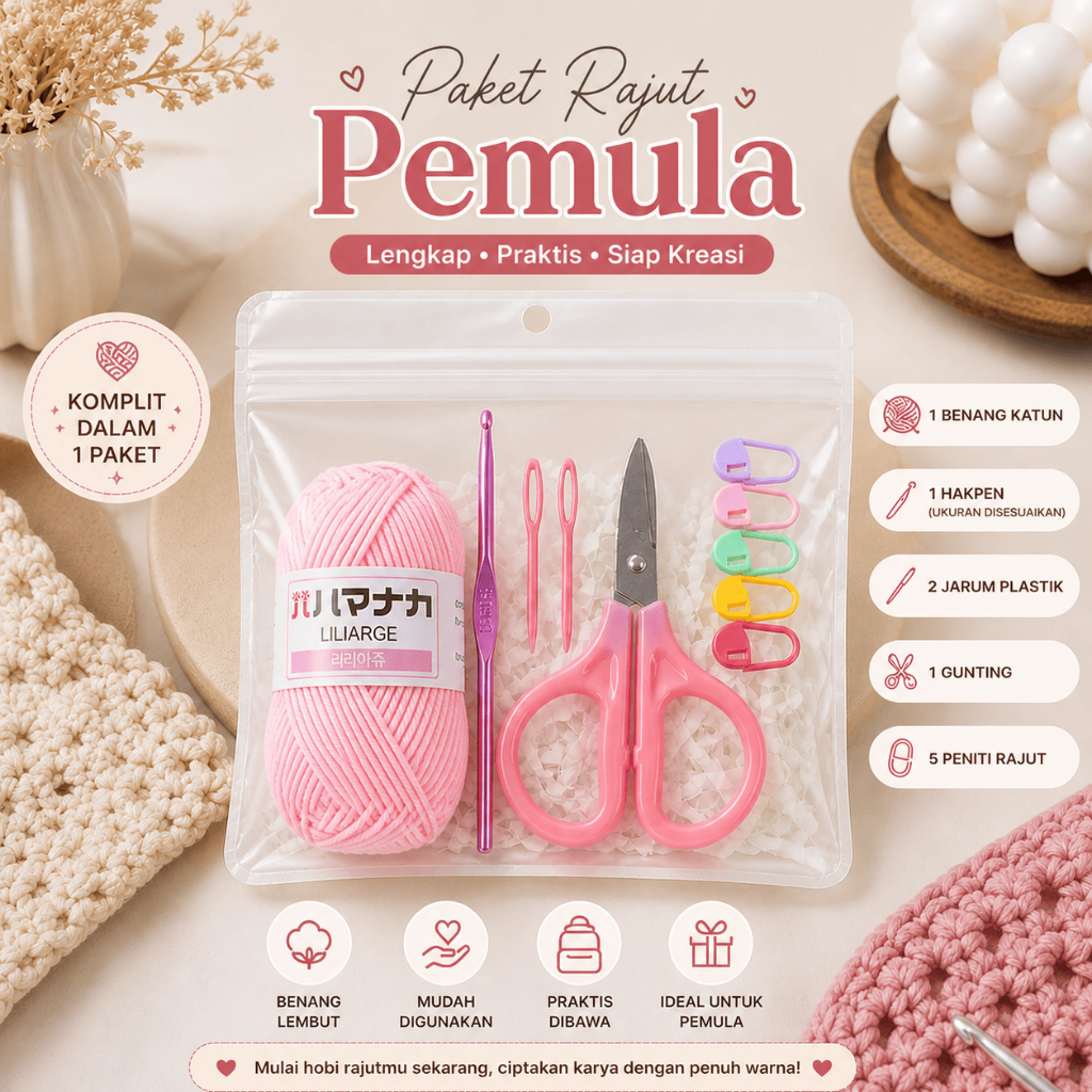 MADEBYBULAT RAJUT PEMULA Paket Rajut Pemula Lengkap dan Praktis Starter Kit Crochet Alat Rajut Benan