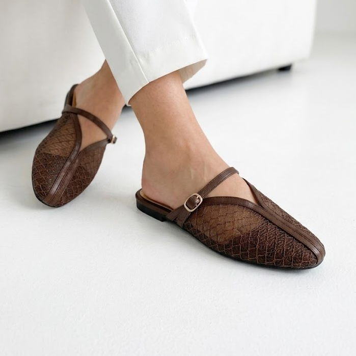 DINASTY CELYN Sepatu Sandal Flatshoes Wanita Slip On Casual Mules Brukat Transparan