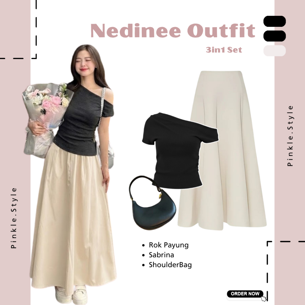 Nedinee Set Wanita 3in1 { Rok Payung - Sabrina -ShoulderBag } Set Wanita Korean Look Trending