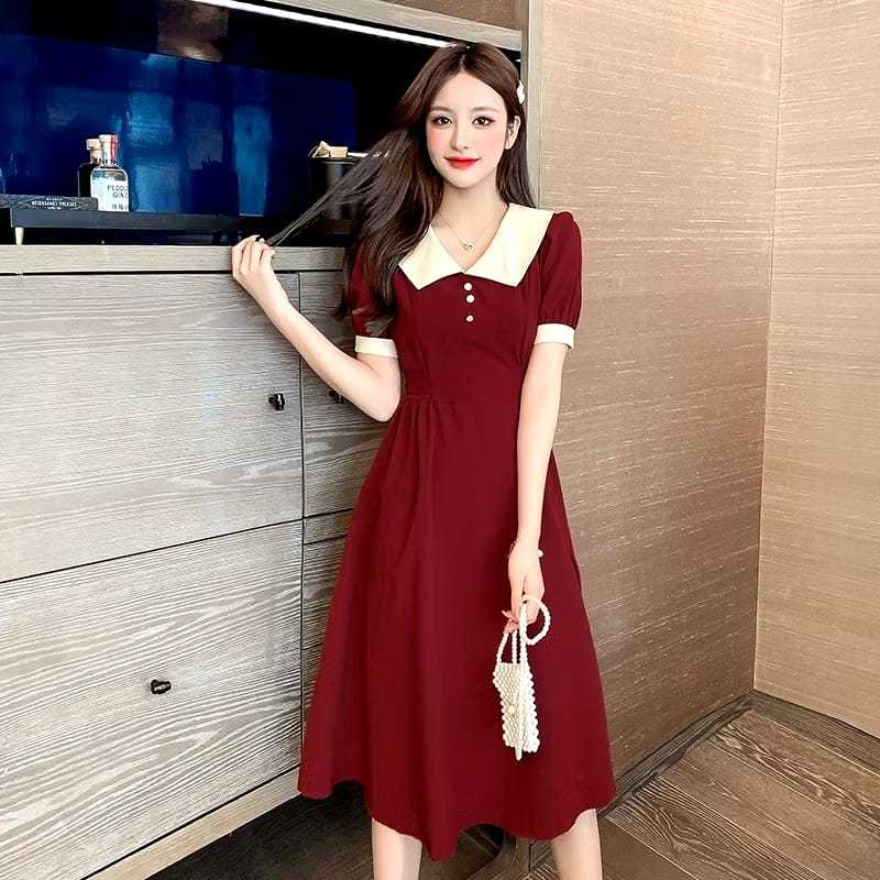 Baju Long Dress Hitam Wanita Kekinian Lengan Pendek Midi Dress Remaja Korean Style Model Terbaru