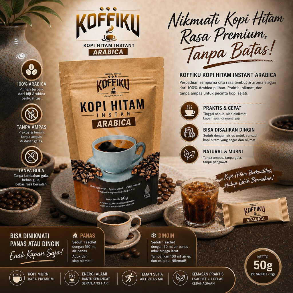 KOFFIKU Arabica kopi instan tanpa ampas & bebas gula 50gram