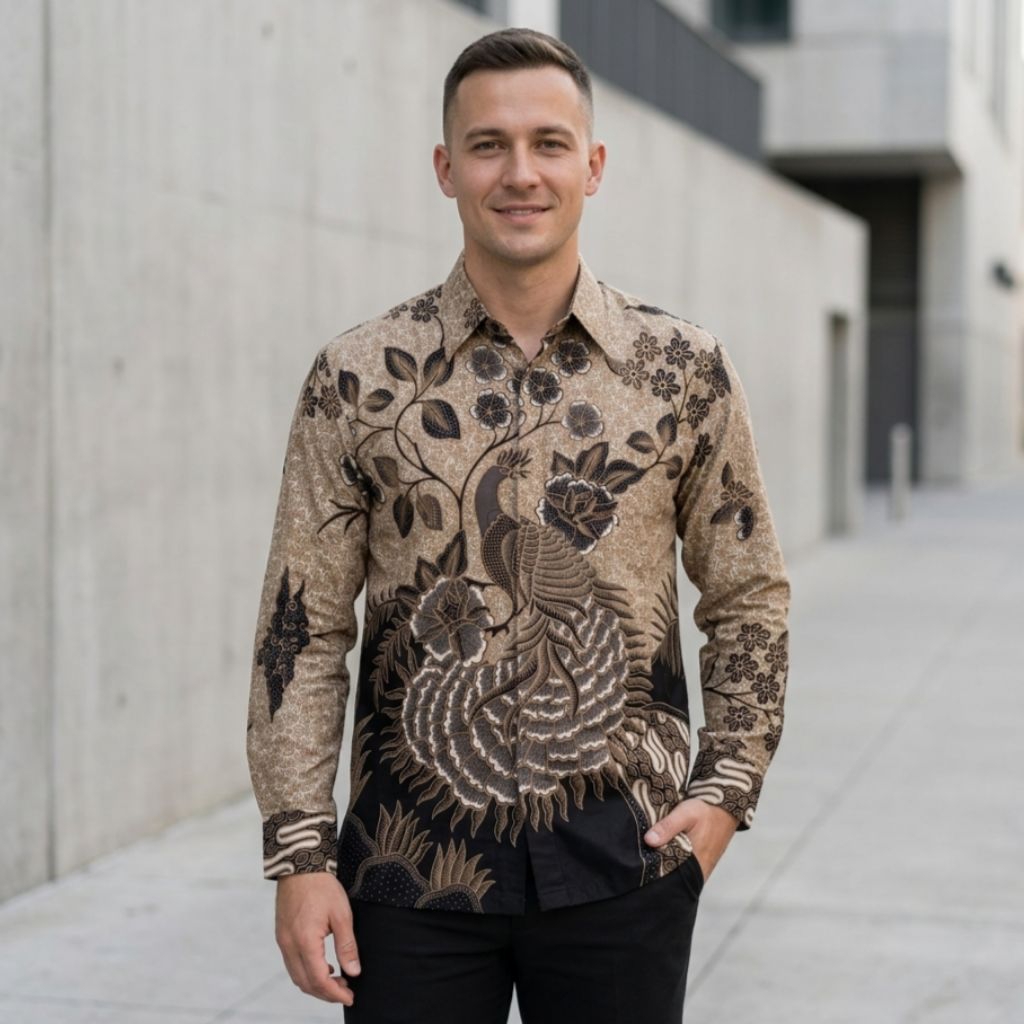 Batik Pria Lengan Panjang Krem Bahan Katun Reguler HM3749 Baju Seragam Pesta Pernikahan Dan Kantor -