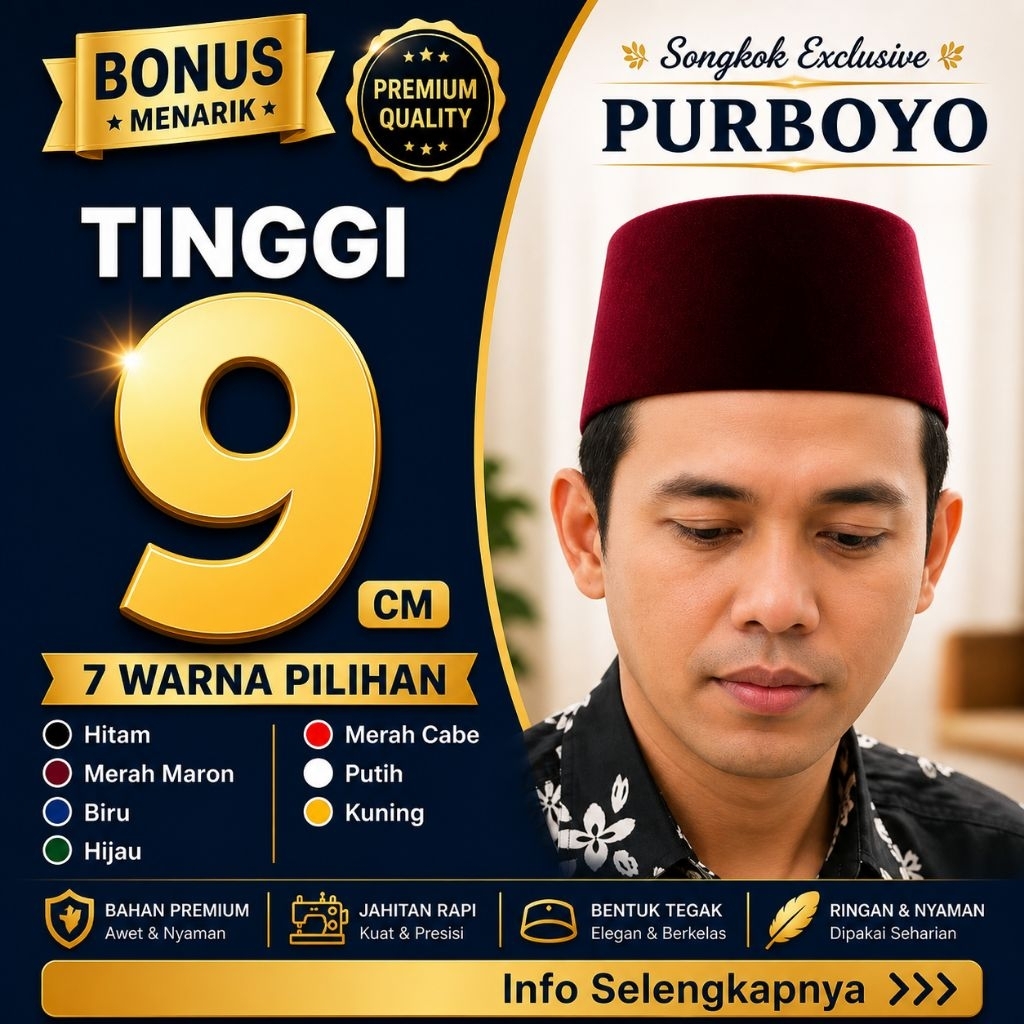 Peci Tinggi 9 cm - Bludru Halus Berkualitas Premium Model AC - Songkok Purboyo Kopiah Polos