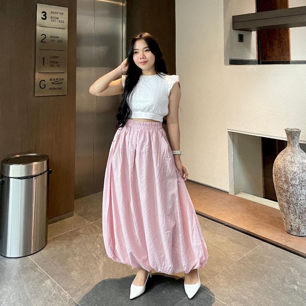 Rok Balon Stripe Panjang Wanita Bahan Katun Premium Double Layer Model Tutu Ruffle Gaya Payung Korea