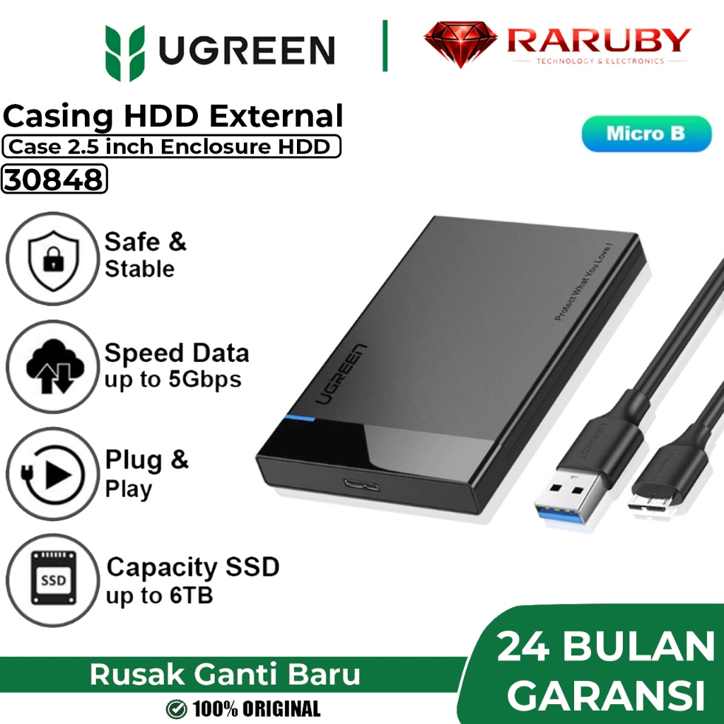 UGREEN Hardisk Eksternal HDD Casing 2.5" SATA III To USB 3.0 SSD Enclosure Adapter 2.5 inch 5Gb/s 30