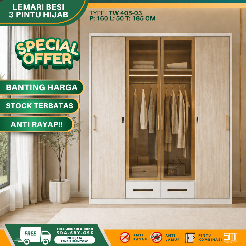 Lemari Besi 4 Pintu LED - Lemari pakaian sliding, lemari baju besi, lemari besi 4 pintu, lemari besi