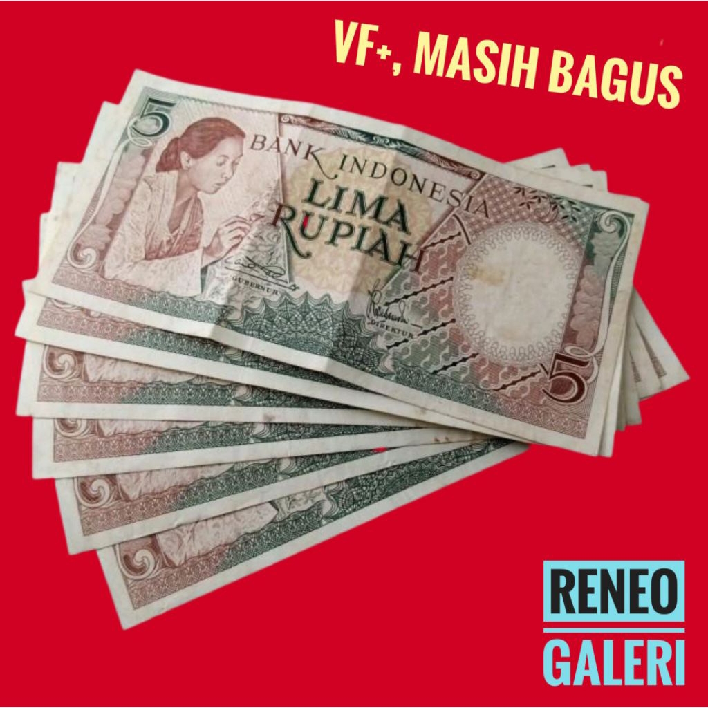 VF+ Asli 5 Rupiah Seri Pekerja tangan tahun 1958 Rp uang kertas kuno duit jadul lawas lama Antik Ind