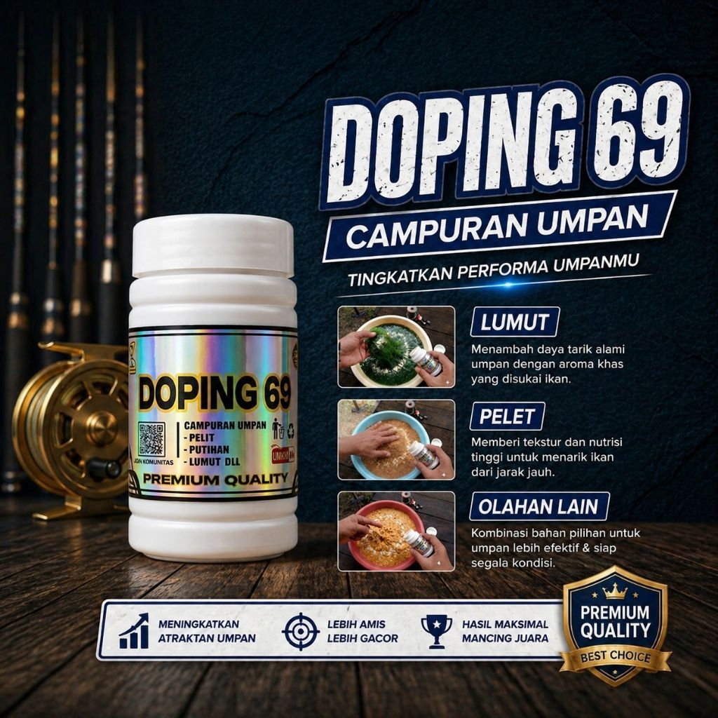 DOPING 69 Serbuk Campuran Umpan Lumut, Pelet, Racikan Galatama (Nila, Bawal, Patin, Tombro, Ikan Mas