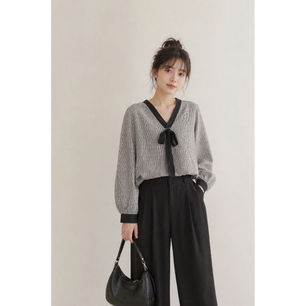 PRELOVED BAJU ATASAN BLOUSE WANITA LENGAN BALON UNIK PITA KOTAK CANTIK ELEGAN