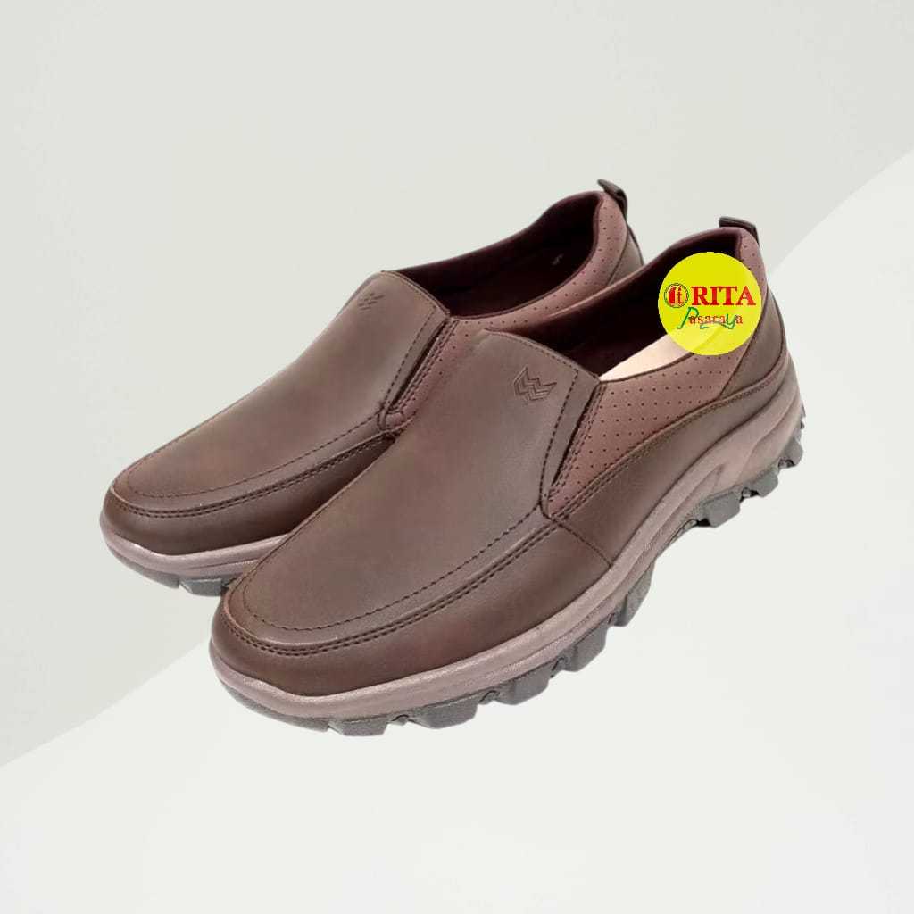 Watchout Sepatu Slip On Pria Coklat Kulit Sintetis Polos Sol Tebal Nyaman Dipakai