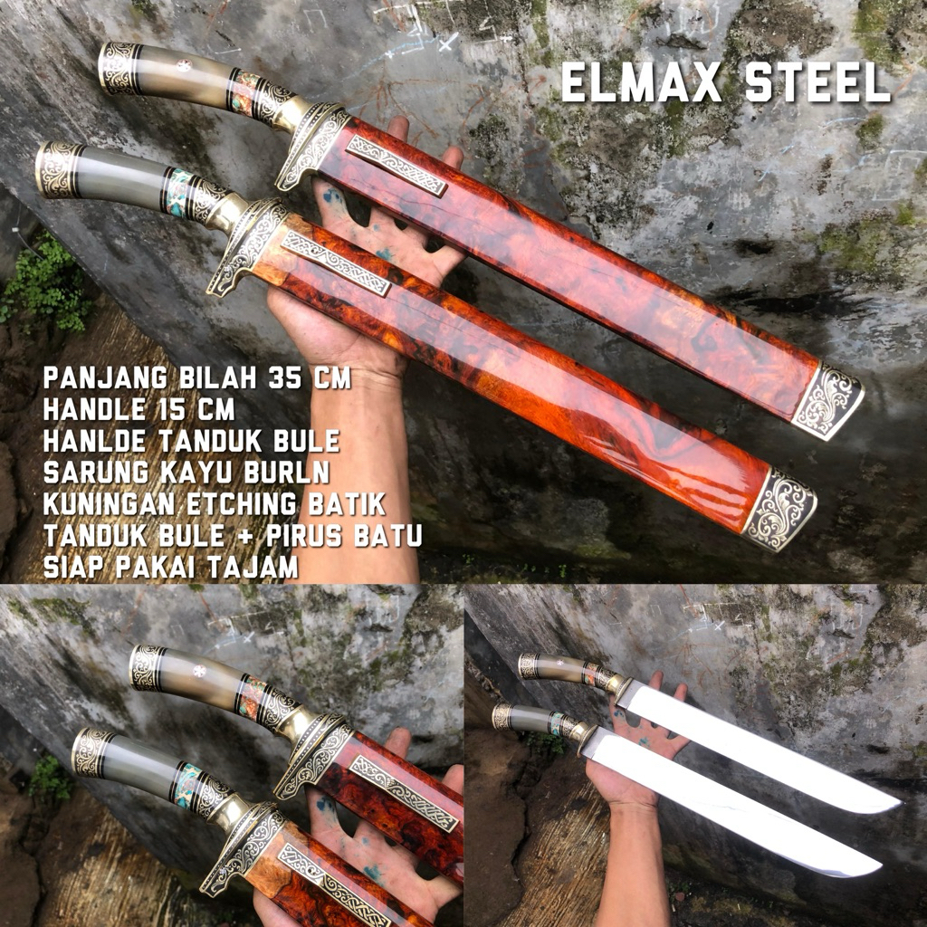 Pisau Sembelih Baja ELMAX Steel Panjang 35 CM kayu burln Amboyna Full Harden Siap pakai