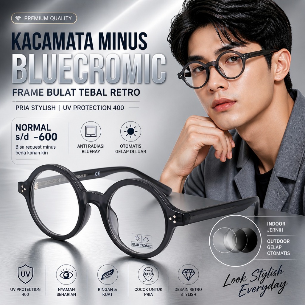 Kacamata Minus Bluecromic Pria Frame Bulat Tebal Retro UV400 -600 Stylish Korea