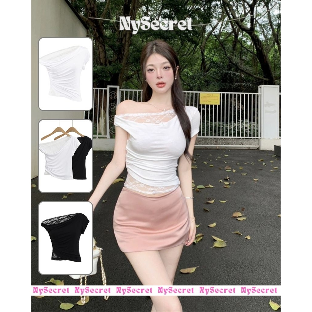 NySecret Lace Off Shoulder Top korean style, baju wanita renda polos kekinian