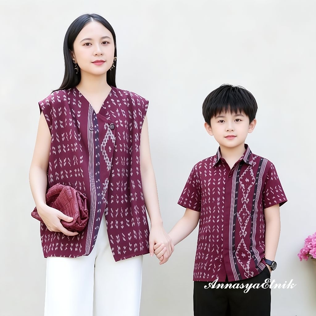 Baju Couple Tenun Etnik Ibu Dan Anak Laki-Laki Lengan Pendek
