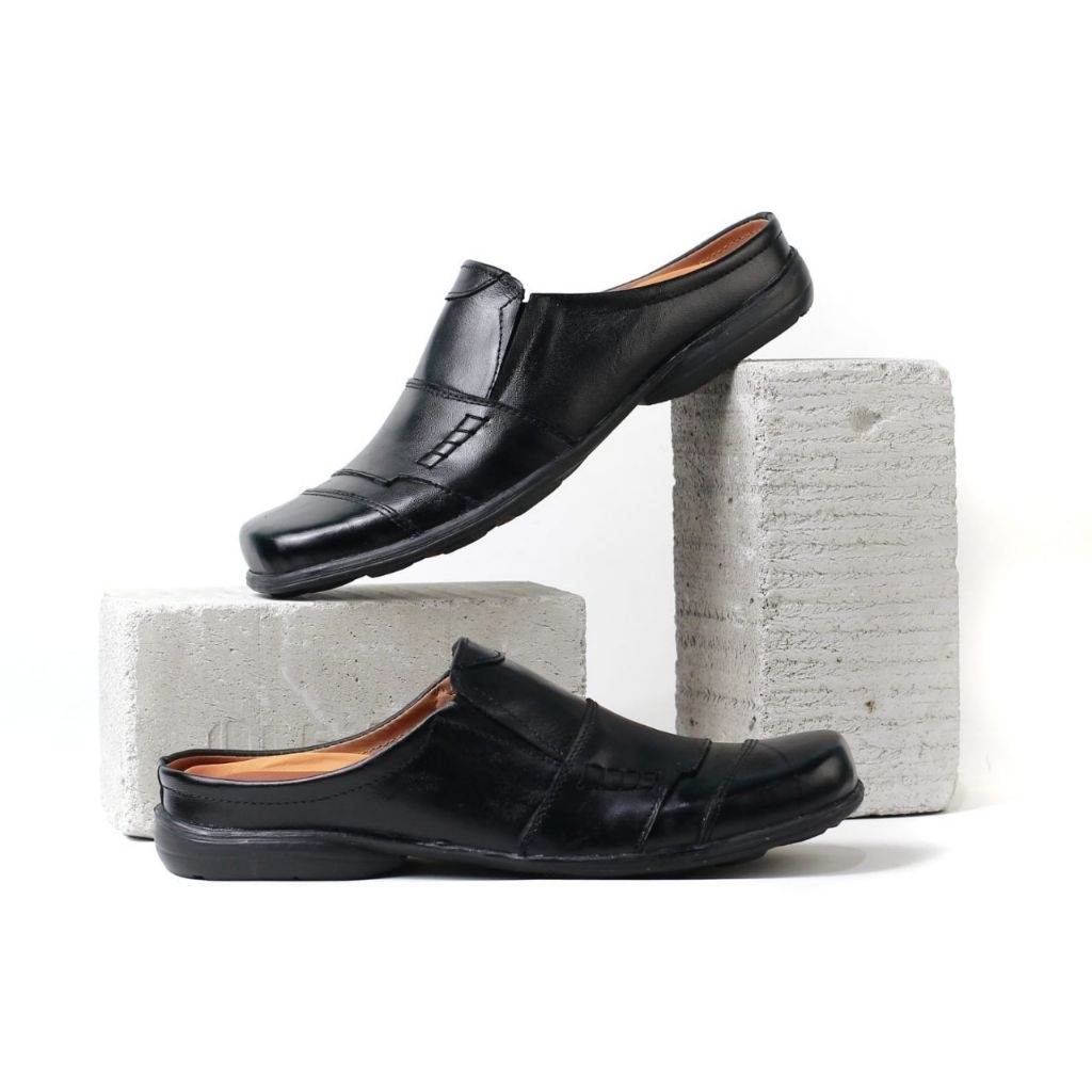 Sepatu Sandal Pansus Pria Kulit Asli - Sendal Kulit Asli Cowok - Sandal Slop Bustong Pria