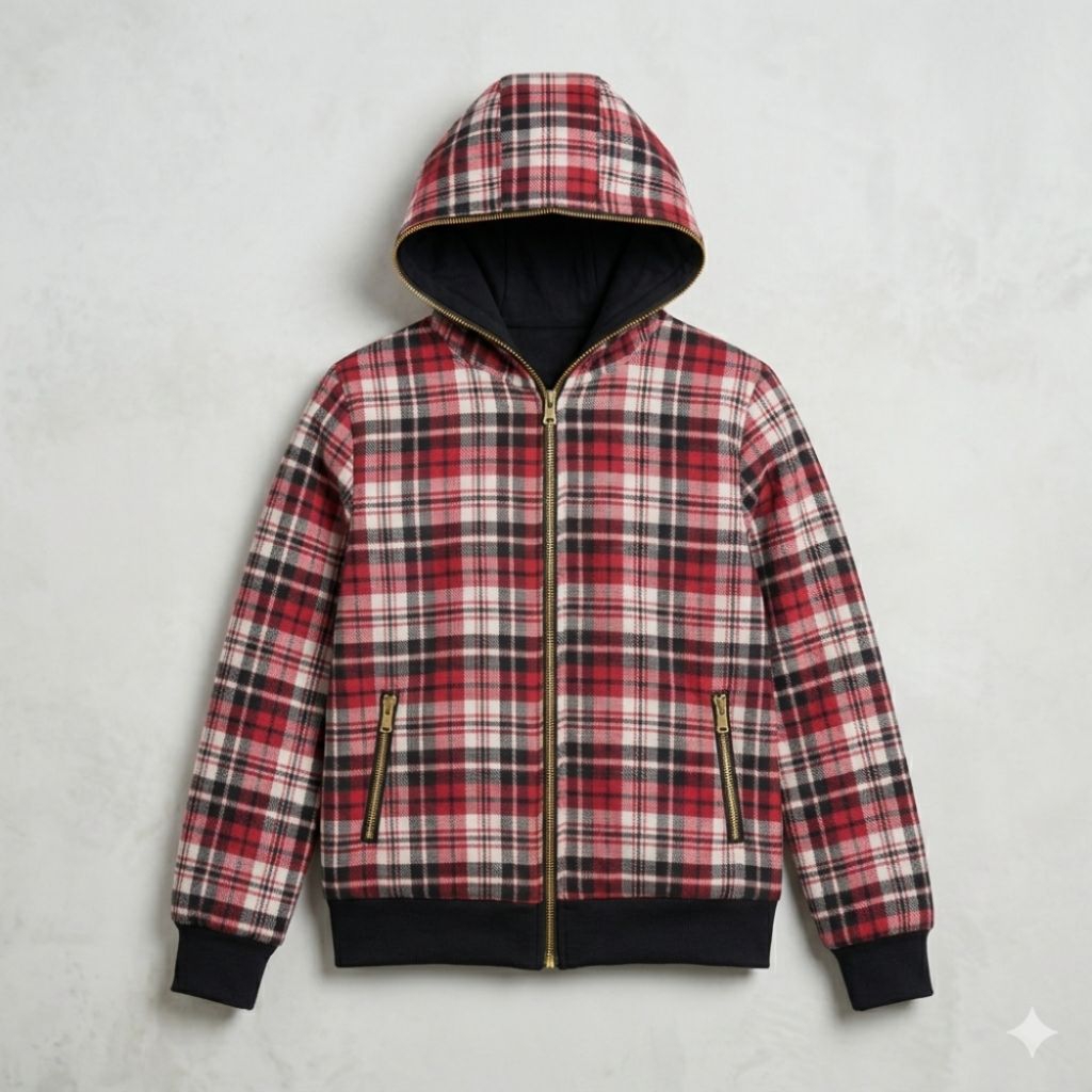 Hoodie Tartan Merah Kotak-Kotak Zipper Pria Wanita - LD 90cm