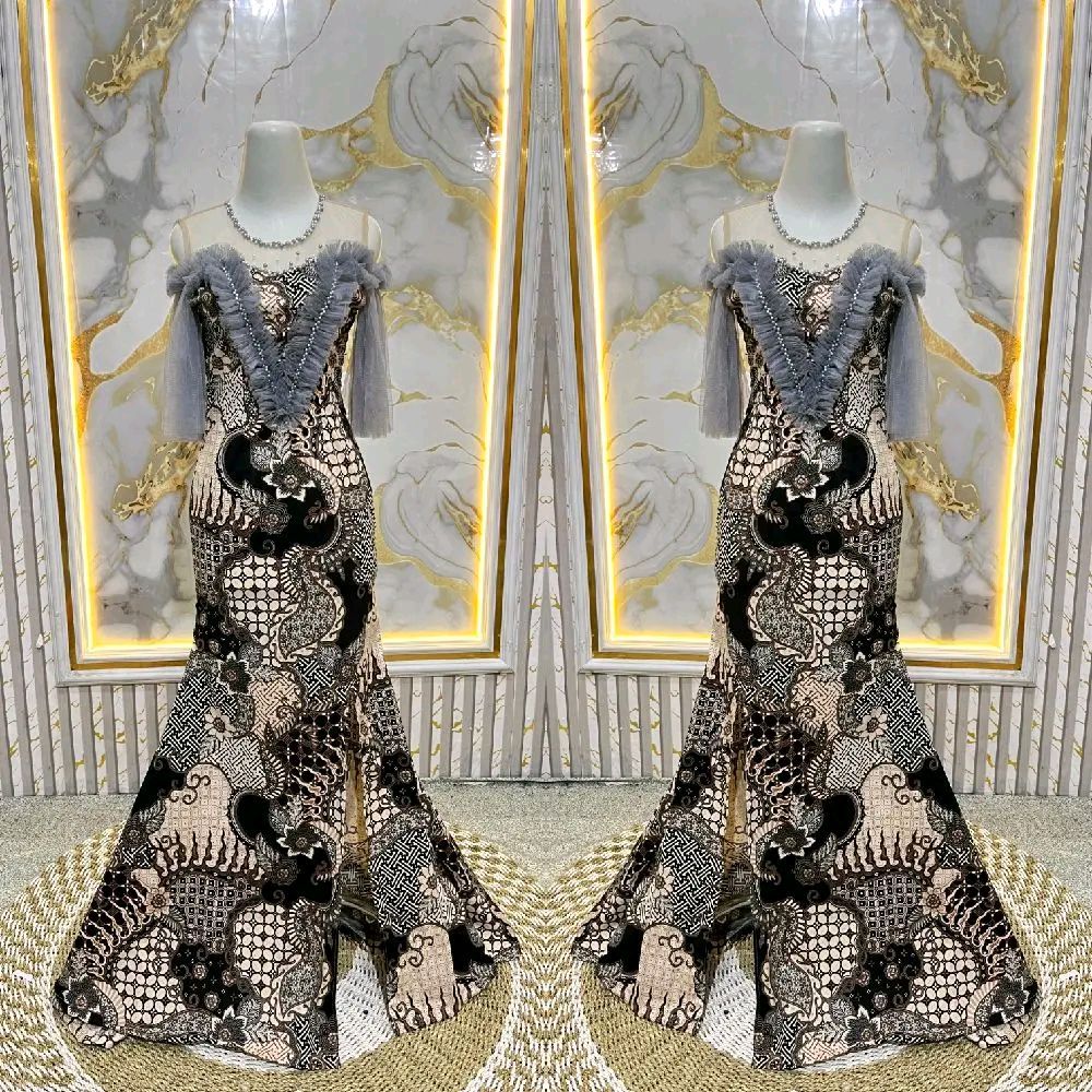 REVALINA 0087//GAUN DUYUNG BATIK STREECH DADA KERUT LENGAN SABRINA // gaun pesta Wanita