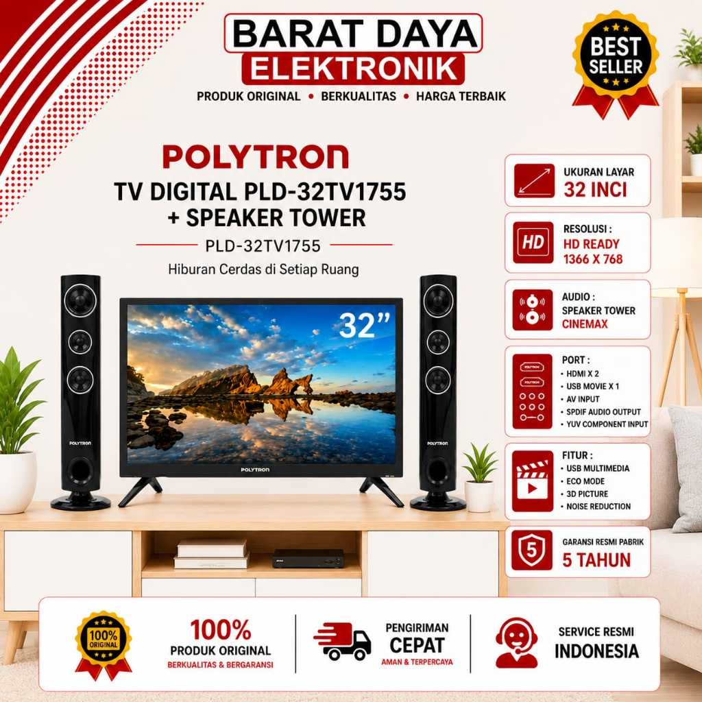 TV LED POLYTRON Digital Polytron 32 inch PLD32TV1755 + SPEAKER TOWER LED Polytron DIGITAL USB Movie 