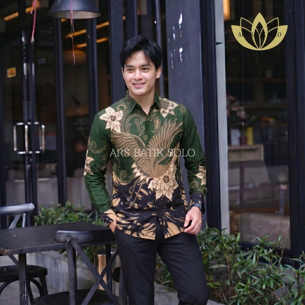batik ARS motif MAHADIPA Hijau botol Kemeja batik pria lengan panjang - pendek Batik pria Slimfit ba