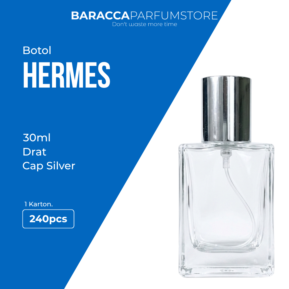 Botol Parfum Hermes 30ML Drat Tutup Silver Polos - Botol Parfum Kosong Hermes - Botol Parfum Kaca 30