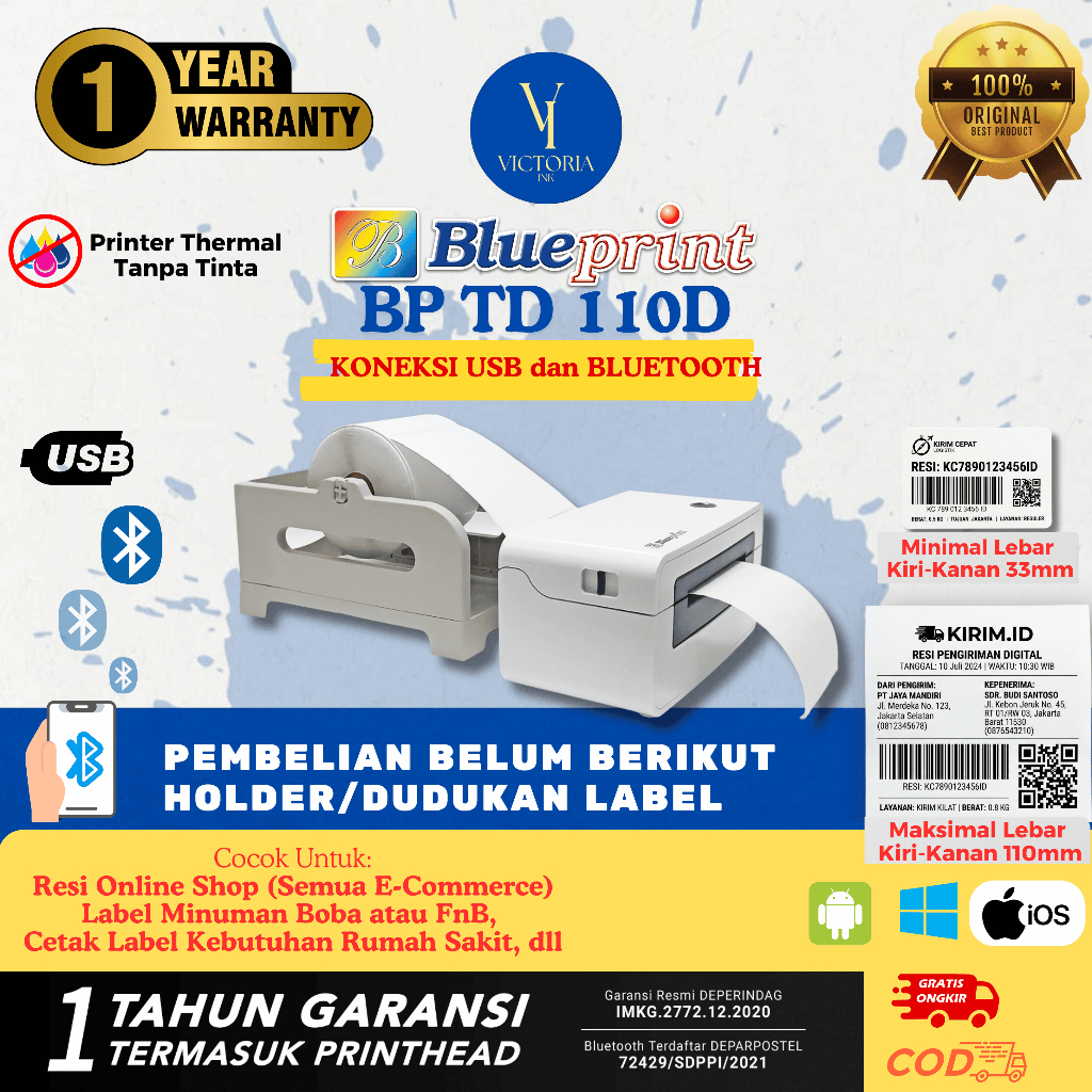 Barcode Printer Thermal Label Resi Pengiriman A6 Blueprint TD110D Bluetooth Printer Stiker TD 110D T