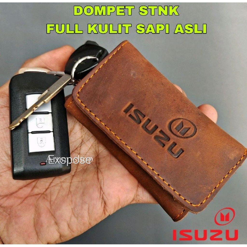 Dompet Gantungan Kunci Kartu STNK Mobil Motor Kulit Sapi Lipat Logo Isuzu Coklat High quality