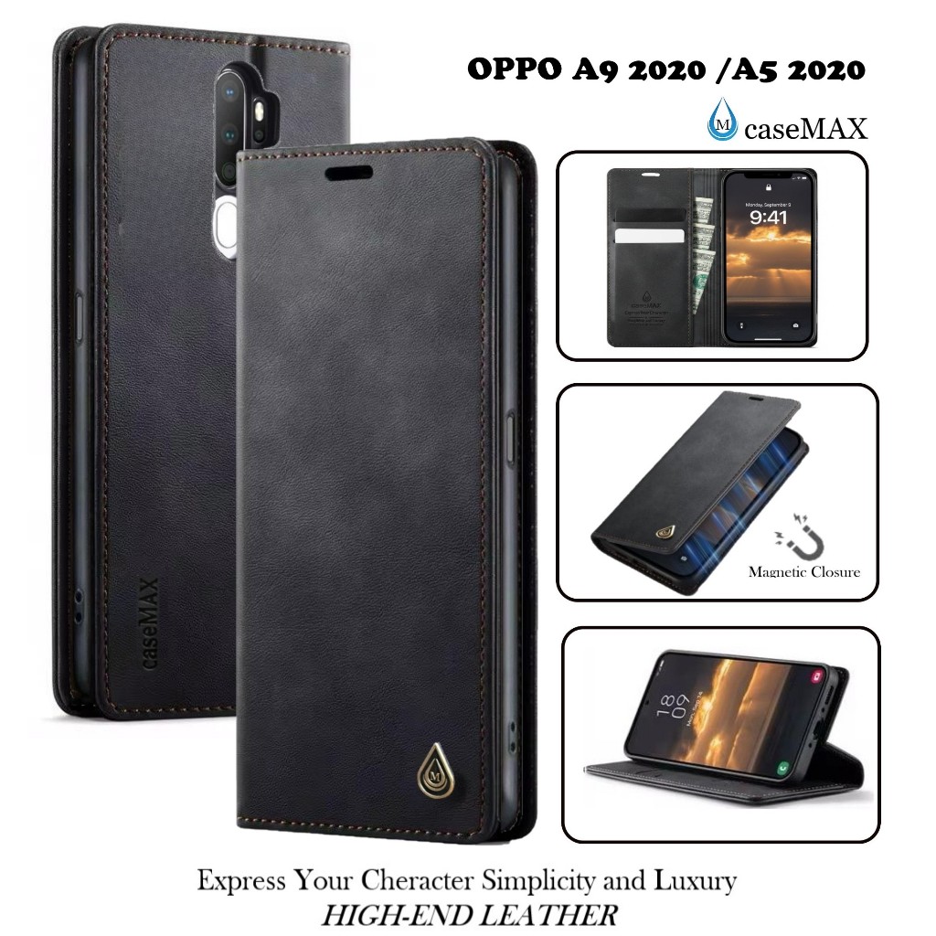 Casing OPPO A9 2020 / A5 2020 model flip buka tutup case kulit ada tempat foto dan kartu juga tali h