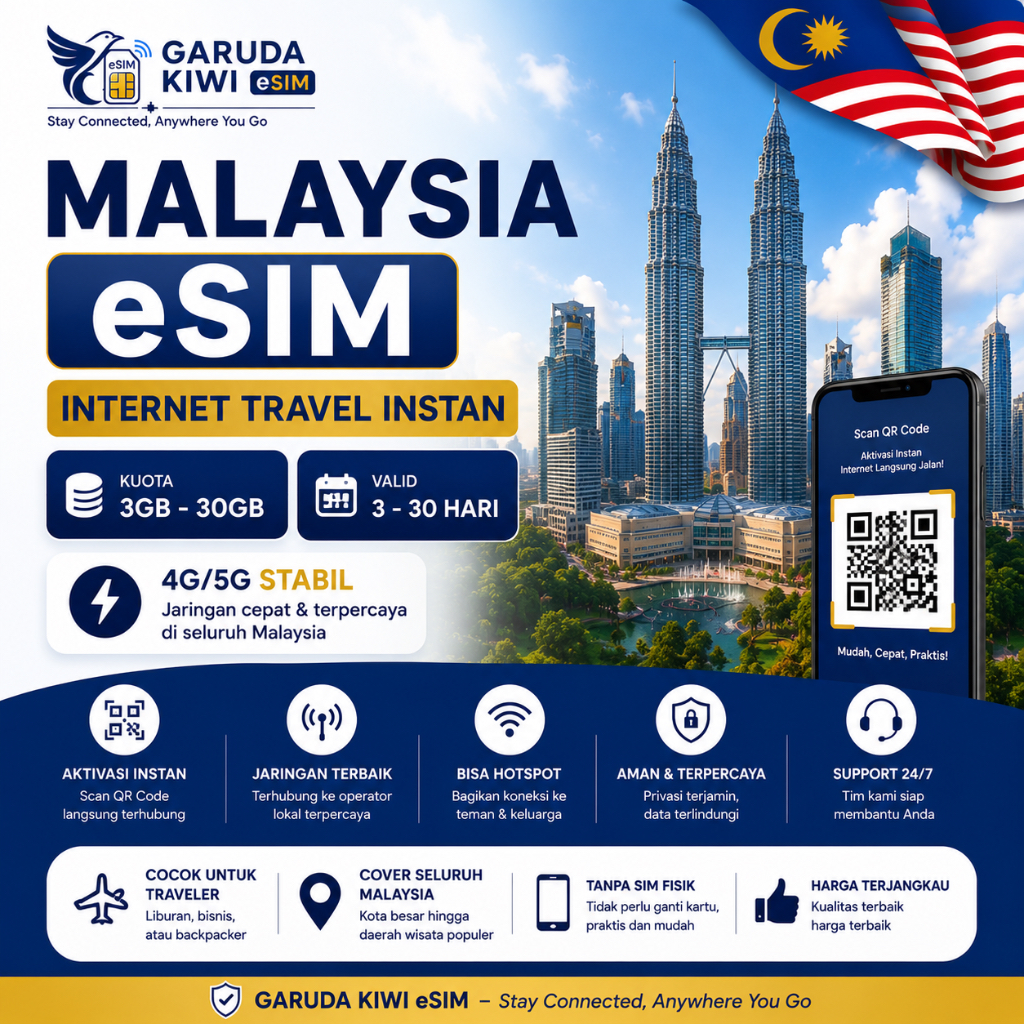 Malaysia eSIM Travel Data 3GB–30GB | Valid 3–30 Hari | Instant QR | 4G/5G Stabil | Garuda Kiwi eSIM