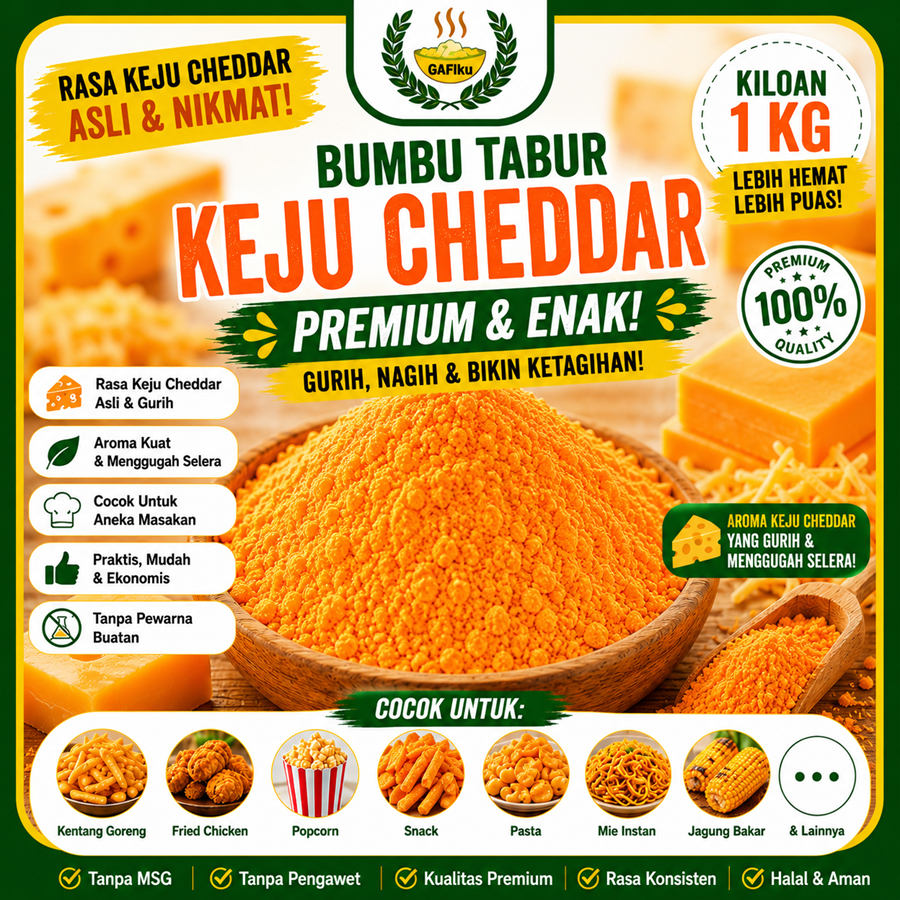 Bumbu Tabur Rasa Keju Cheddar, Jual Bubuk Tabur Keju Cheddar Murah Enak Aman Terbaik GAFI, Cheese