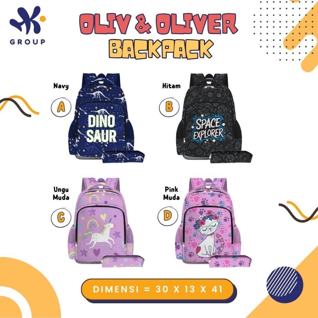 Po‼️ Hk Group Tas Ransel Sekolah Oliv & Oliver Anak Tk Sd Smp Unisex Kuda Poni Dino Premium /Terbata