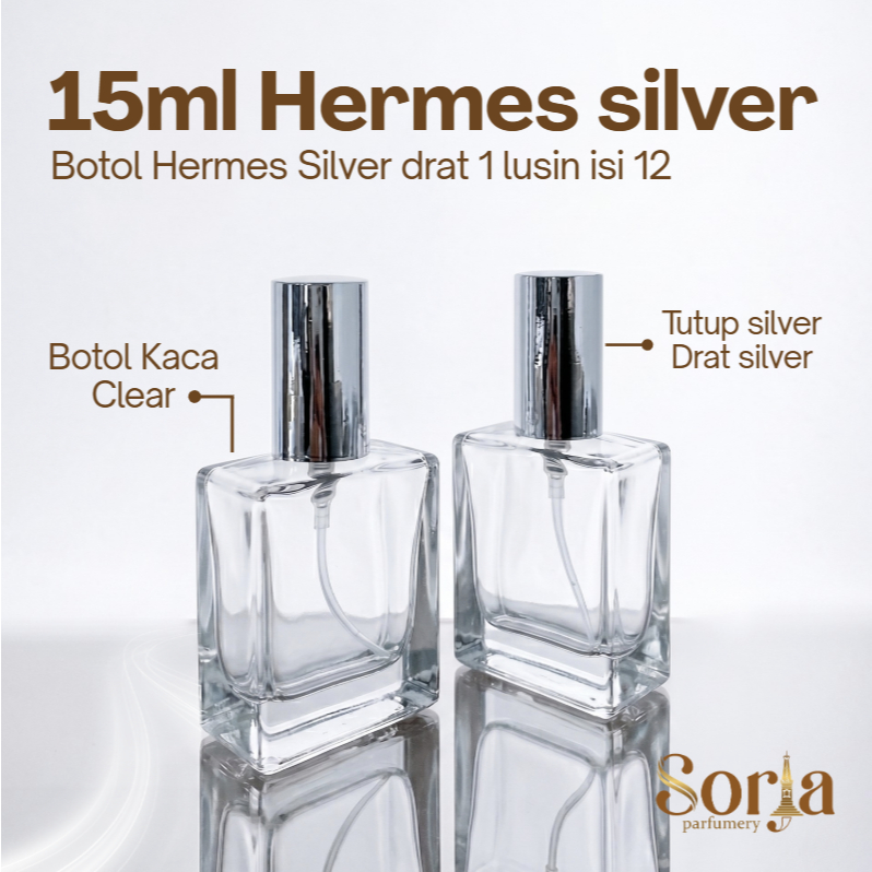Botol Parfum Kaca Hermes 15ml - Drat Silver, Praktis, Minimalis Botol Parfum