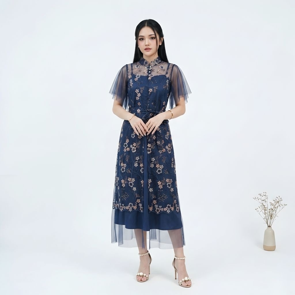 Gaun Dress Wanita Brokat Tulle Midi Dress Fashion Korea Modis Elegan Pesta Kondangan Cantik Nicyzia 