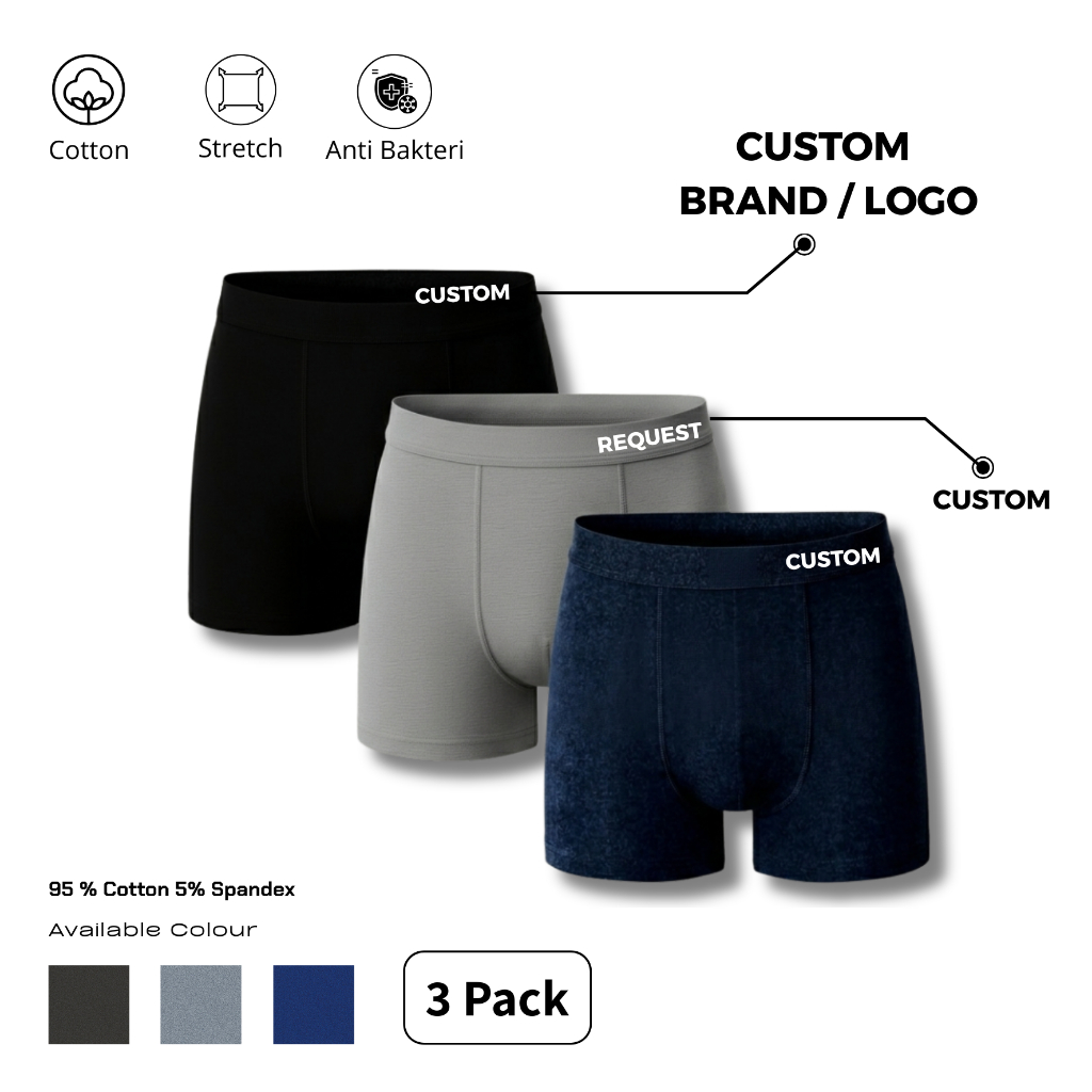 Celana Dalam Pria Custom Nama Logo 3 pcs Boxer Custom Soft BX73ID