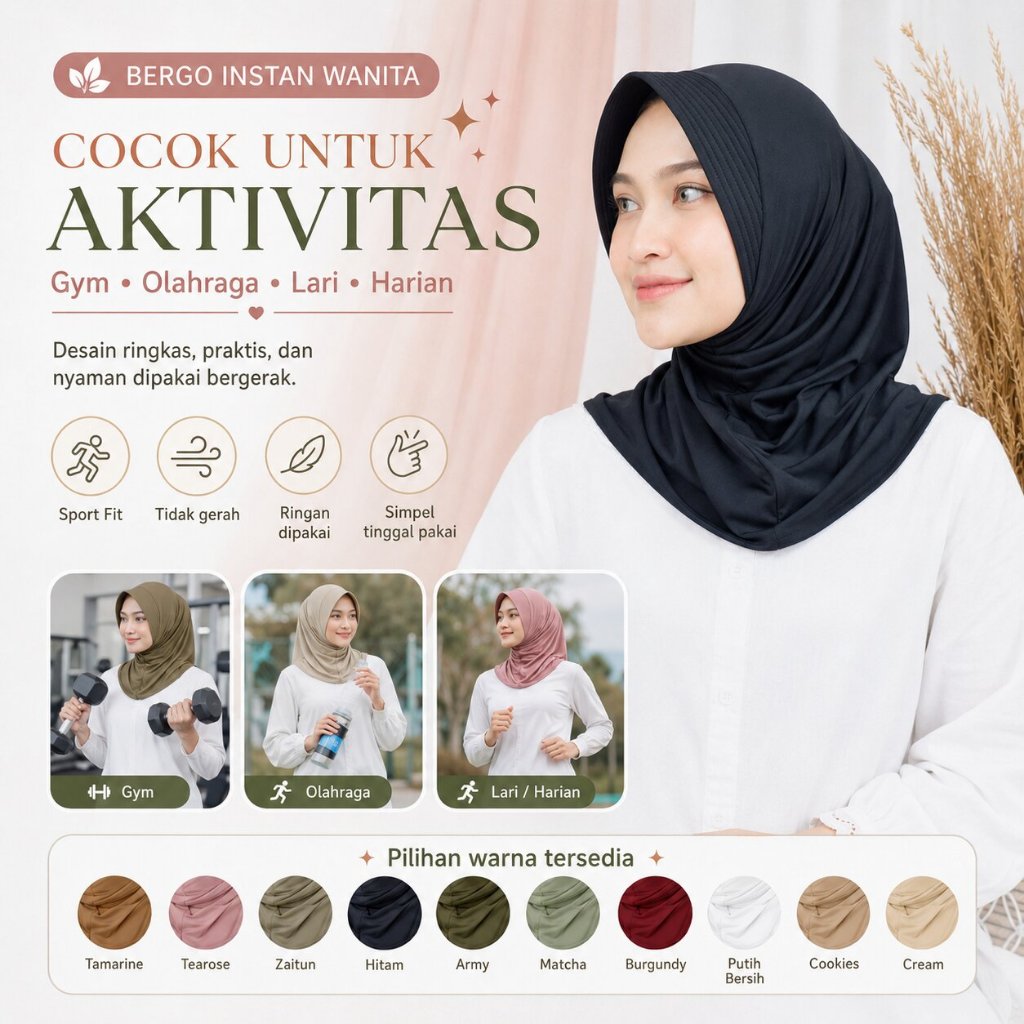 Bergo Sport Dhinda Hijab - Nyaman Dipakai, Adem, Jahitan Rapi