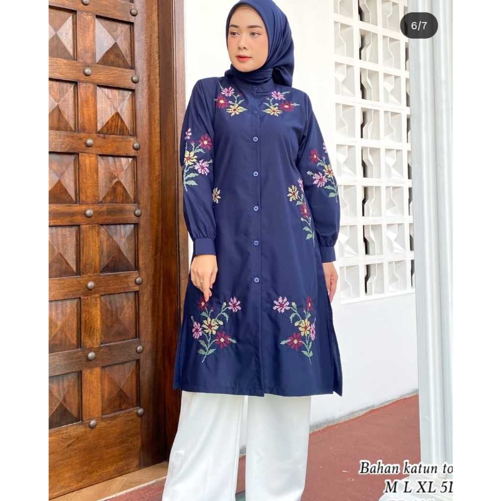 Long Tunik Bordir Strimin Bahan Katun Toyobo
