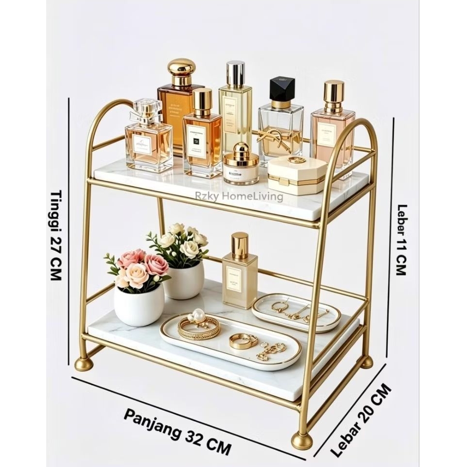 {COD} Rak Skincare 2 Tingkat Motif Marmer Gold - Rak Serbaguna Estetik Premium