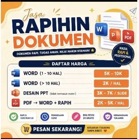 Jasa Rapihin dokumen word, axcell, PPT murah cepat dan Rapi, Jasa joki Tugas UT Diskusi, Tuton, jasa