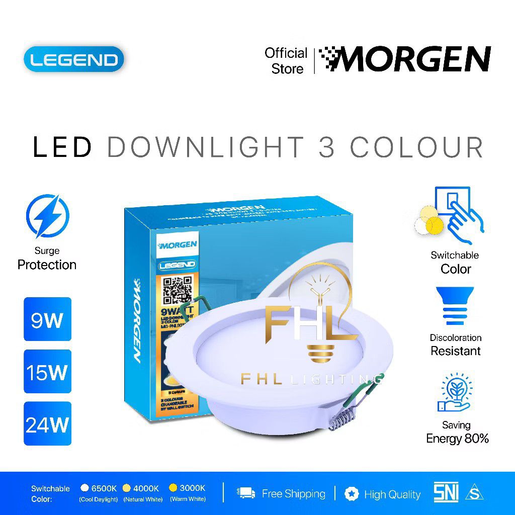 Morgen LED Downlight 3 colour Panel Inbow 3 Warna, 9w, 15w, 24w, (Putih/Natural/Warm White)