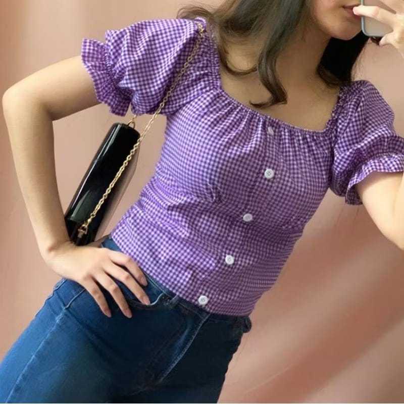 best seller GEISHA//sabrina crop top//crop top kancing//atasan korea kotak kotak kekinian