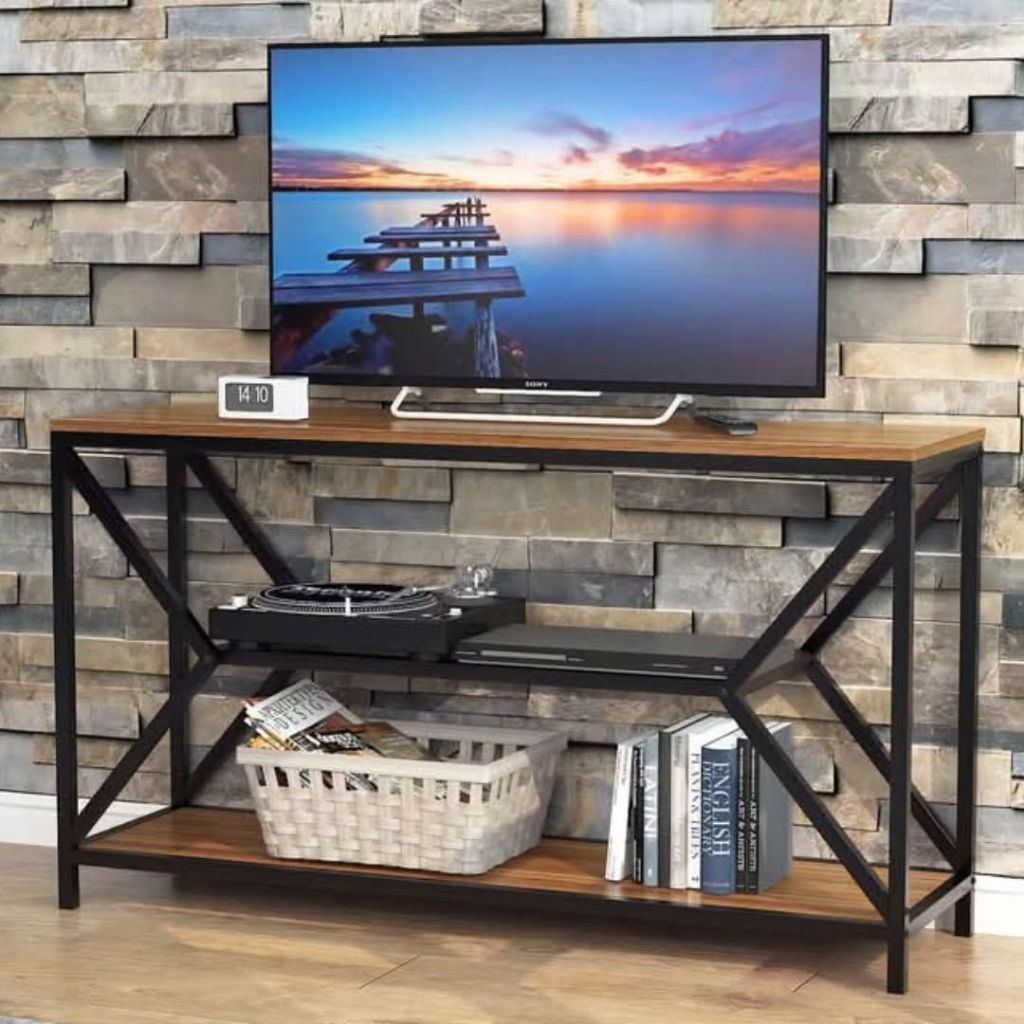 Meja TV Industrial Minimalis Kombinasi Warna Kayu Natural dan Rangka Besi Hitam