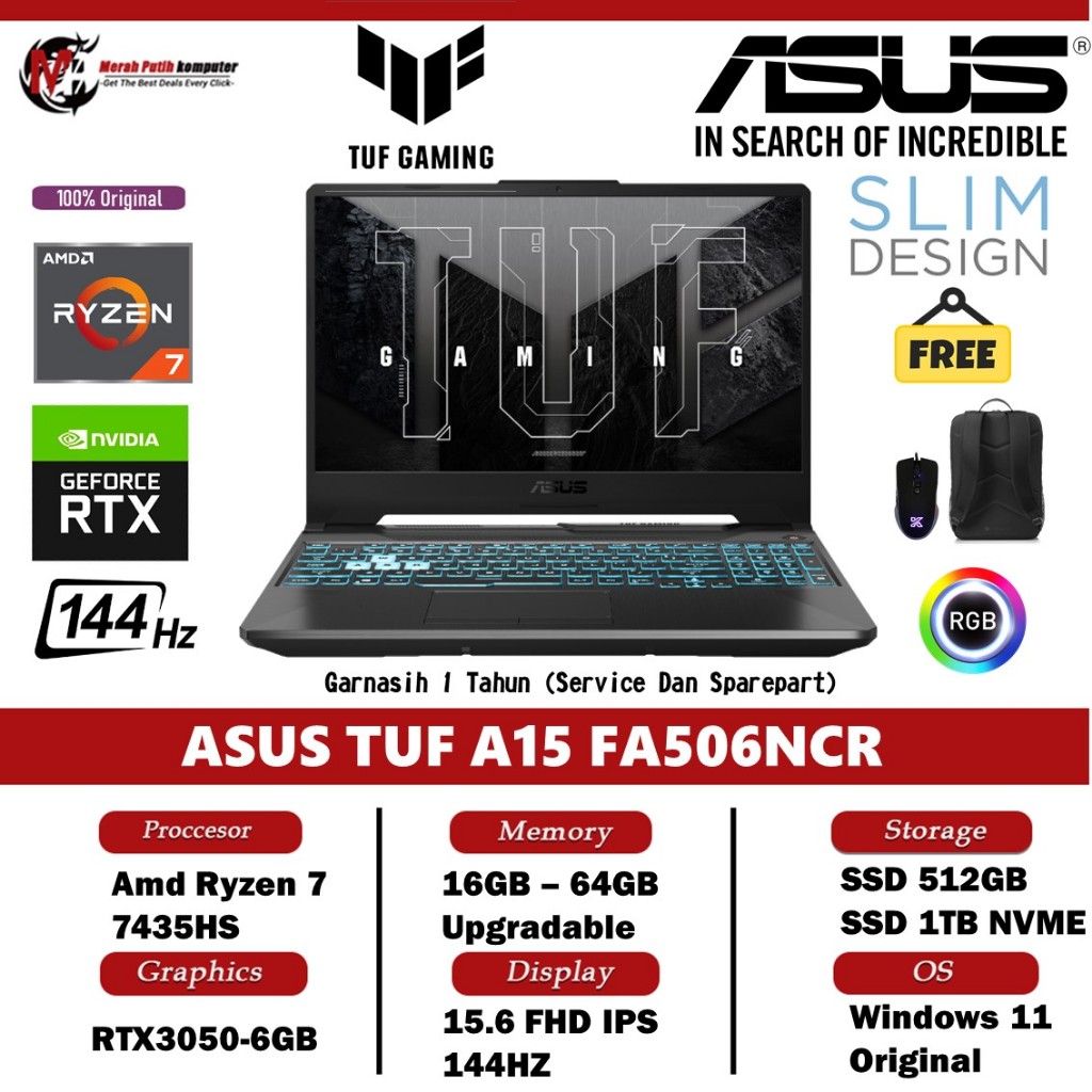 Laptop Gaming Asus TUF A15 FA506NCR AMD RYZEN 7 7435HS 8GB DDR5 512GB RTX3050-4GB 15.6 FHD IPS 144HZ