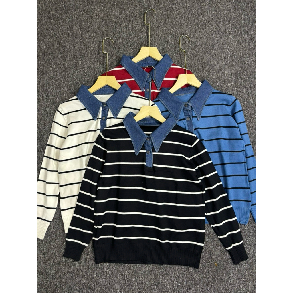 Atasan Rajut Salur Import Mix Jeans | Knit Import Wanita