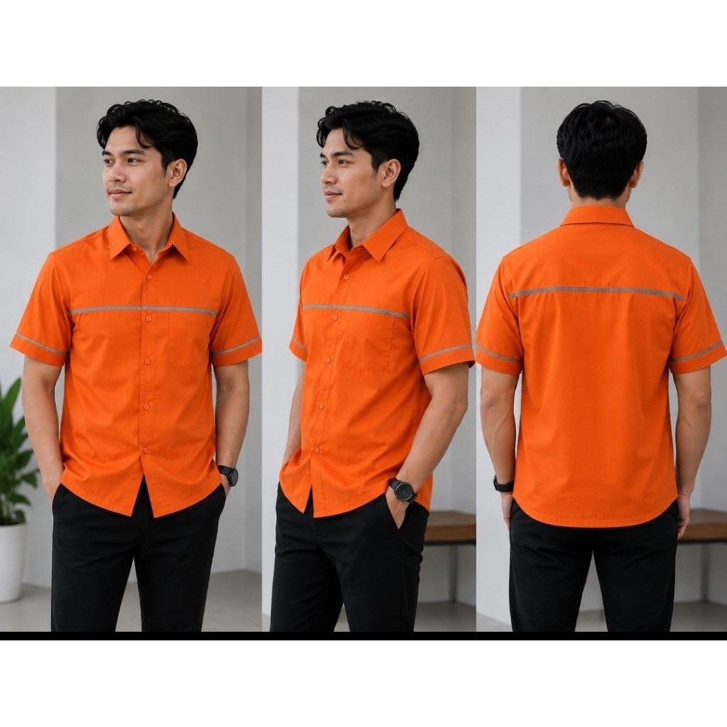 Kemeja Seragam Kerja Unisex Modern Putih, merah ,oren lis“Scotlight Formal Casual Kekinian