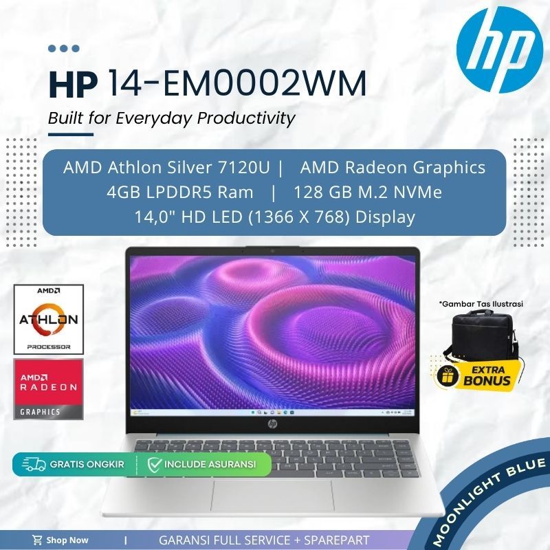 Laptop HP 14 EM0002WM AMD Athlon Silver 7120U 4GB 128SSD AMD Radeon 14.0 Inch Windows 11 Home