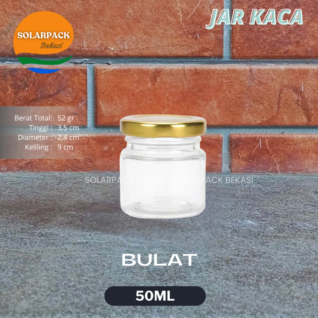 Jar kaca 50ml bulat tutup kaleng emas Toples Kue Sambal Selai (MINIMAL ORDER 10 PCS)