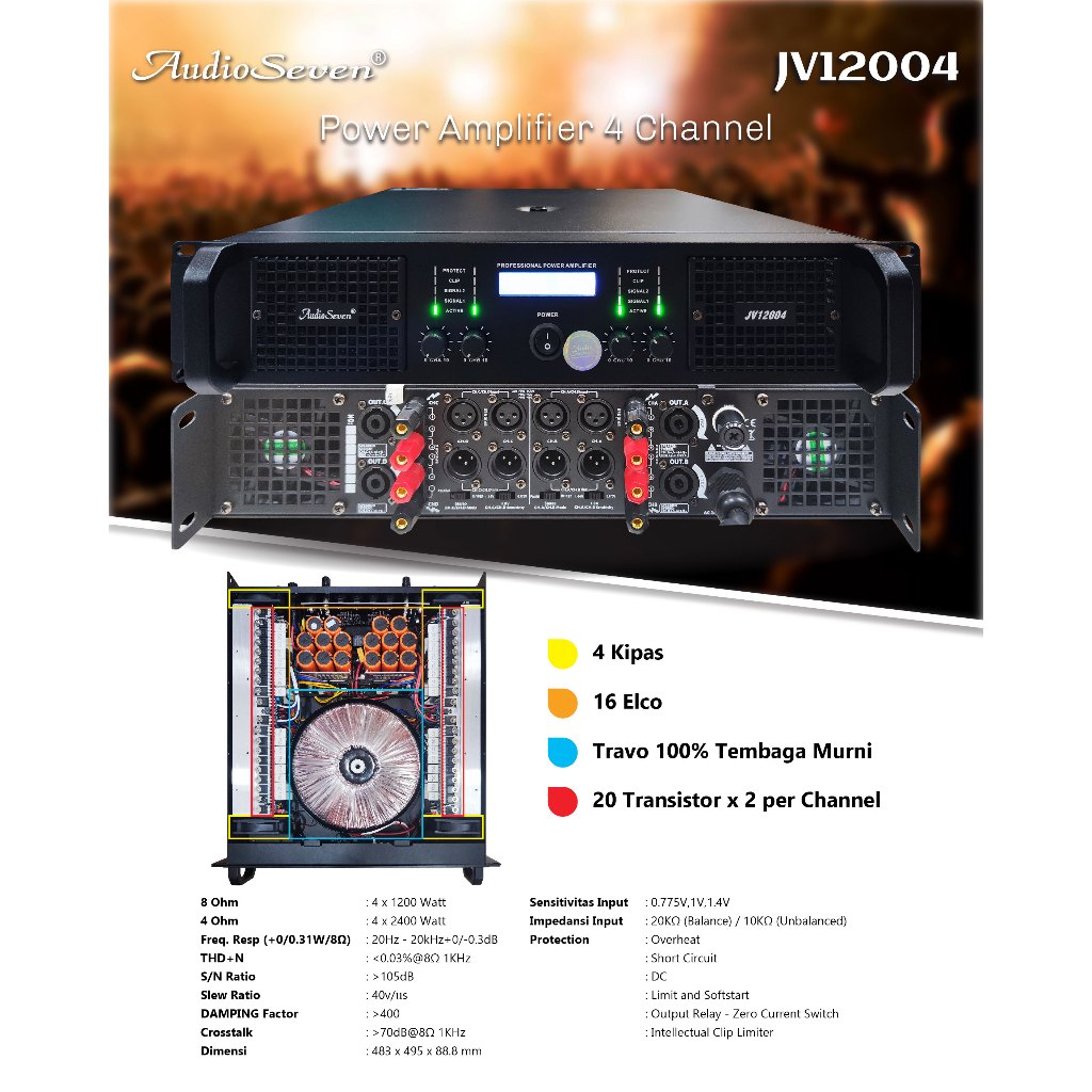 Power Amplifier 4 Channel Audio Seven JV12004 Original High Quality