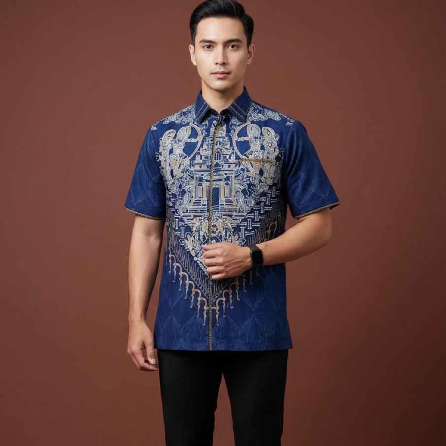 Kemeja Batik Pria Modern Premium ARJUNA BLUE - Batik Solo Lengan Pendek Katun Smock Halus Semi Jas B