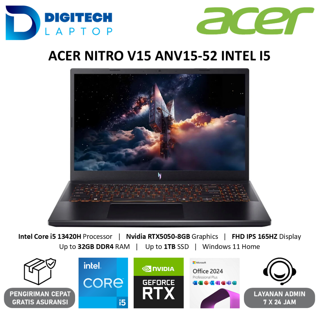 Laptop Gaming Acer Nitro V 15 ANV15-52 Intel I5 13420H 32GB 1TB RTX5050 FHD IPS 165HZ Windows 11