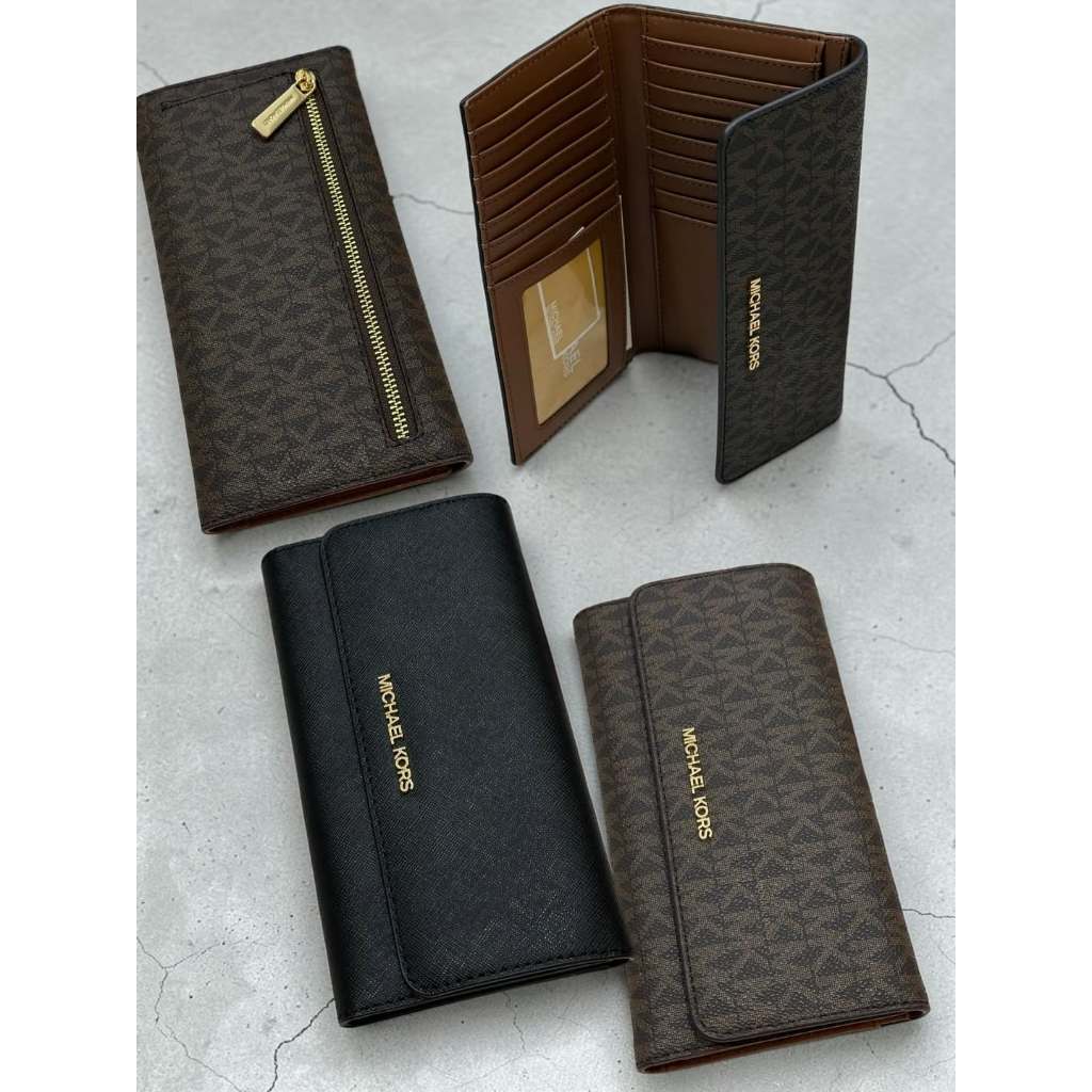 Michael Kors Dompet Panjang Wanita Coklat Hitam Motif Monogram Dengan Resleting Dan Slot Kartu